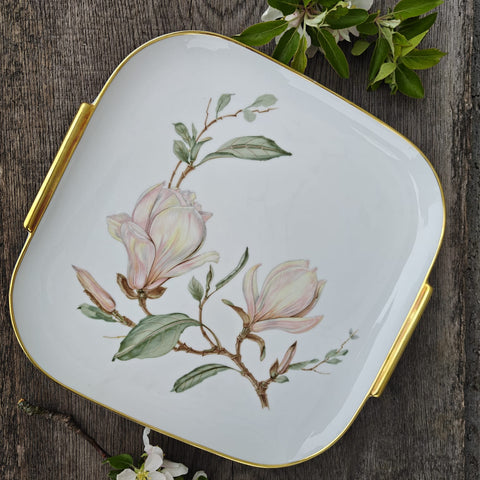 Platou pătrat, print magnolii, Hutschenreuther vintage