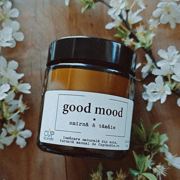 #GoodMood. Lumânare vegană din ceară de soia, Smirnă si tămâie