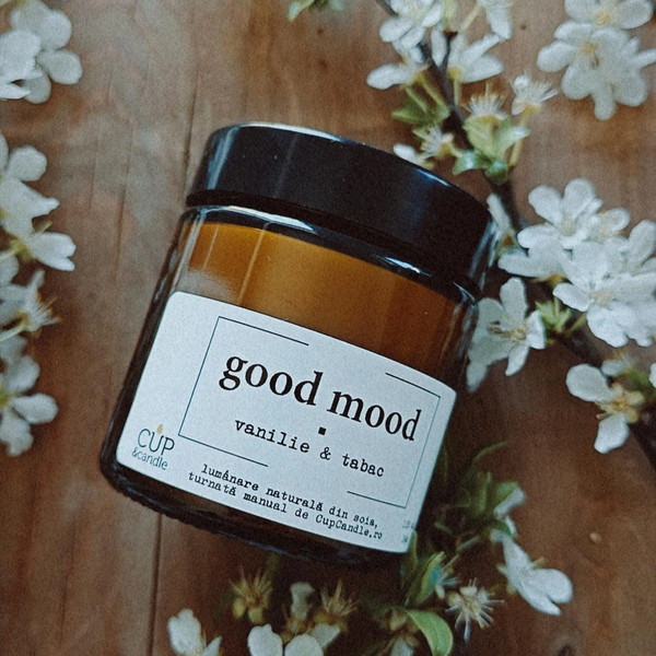 #GoodMood. Lumânare vegană din ceară de soia, Vanilie și Tabac
