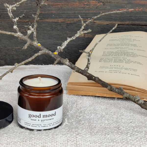 #GoodMood. Lumânare vegană din ceară de soia, Brad și portocale