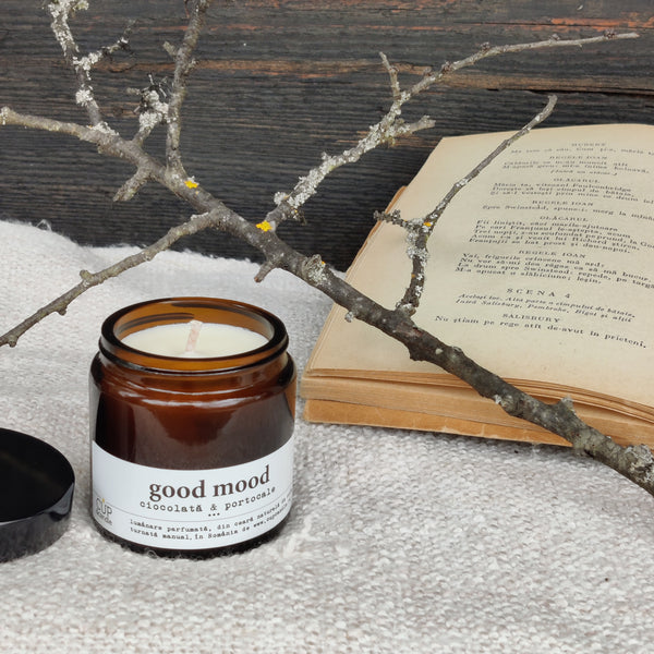 #GoodMood. Lumânare vegană din ceară de soia, Ciocolată și portocale