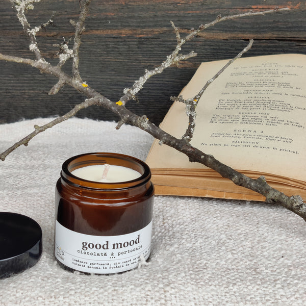 #GoodMood. Lumânare vegană din ceară de soia, Ciocolată și portocale